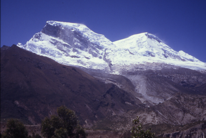 The two peaks of Huascaran seen from above Yungay