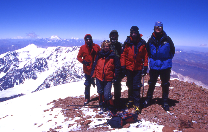 Tom, Gordon, Ray, Barry and Tina on the summit of Mercedario,  Andes January 2004 expedition.