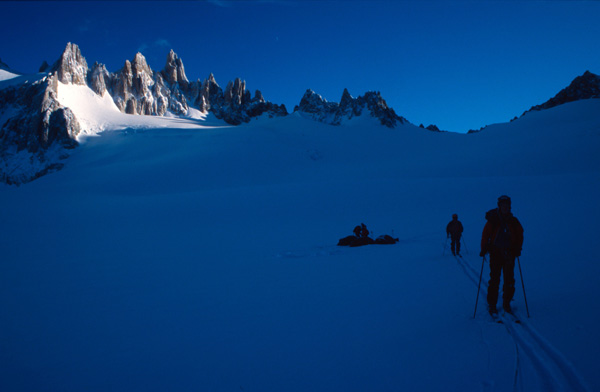 Setting off on skis from high camp for the summit of San Lorenzo, Chile.