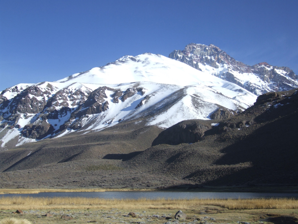 The southeast side of Sosneado seen from the Rio Atuel in Argentina, snow cover is for October.