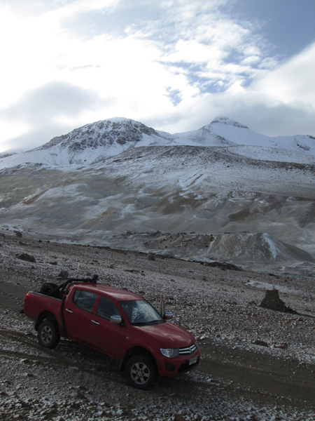 Tacora from the abandoned sulphur mine at 5000m.... much more snow than you would normally find on this volcano.