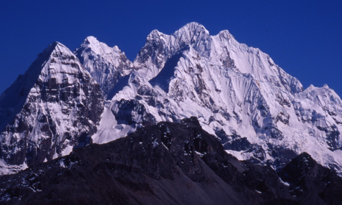 The high peaks of the Huayhuash including Yerupaja and Siula Grande from Leon in the Cordillera Raura.