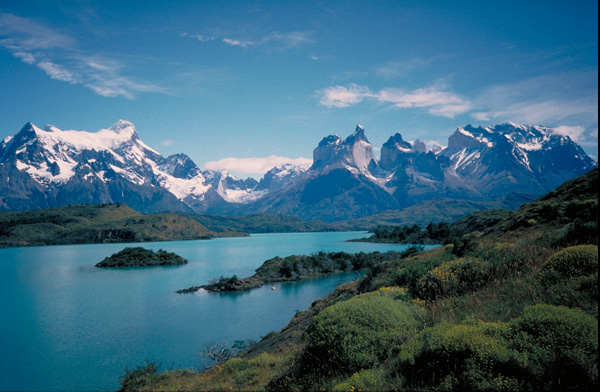 The Cuernos del Paine (on the right) seen from the southwest.