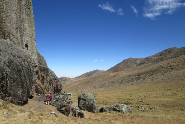 Another view of the Placa Verde climbing area at Hatunmachay 