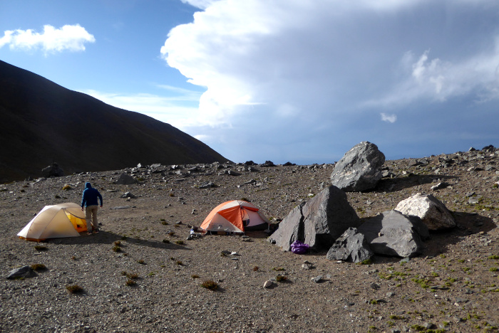A storm approaching the high camp on Cerro Bolson. 