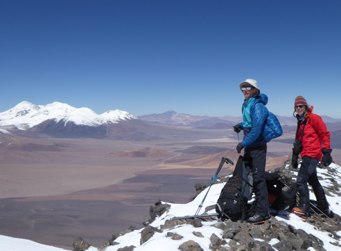 the summit of 6119m high Barrancas Blancas in the Puna de Atacama. This peak features in our Chile Volcanoes 6000m+ expedition running in January 2026