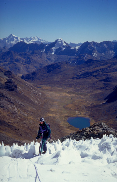 Climbing a new route on Ticlla, Cordillera Central, Peru, in 1998. 