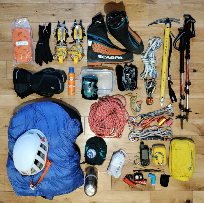 Typical set of specialised equipment needed for a high altitude ascent in the Andes.
